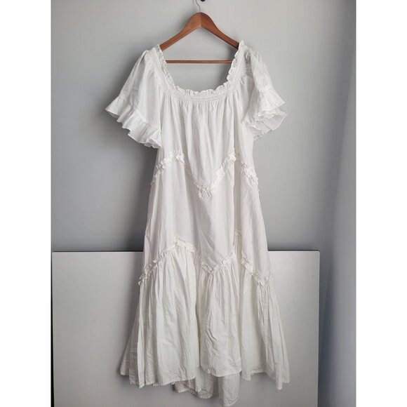 Free People Women Harriet Dress L White Ruffle Cottage Puff Sleeve Midi Boho NWT - Picture 2 of 7